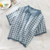 Frauen Polos Weibliche Sommer Kleidung Lose Kragen Hohe Taille T-stück Koreanische Polo Neck T-shirts Frauen Kurzarm Plaid Crop tops Gestrickte