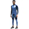 Gym Clothing Men's Quick Dry Fitness Suit High Stretch Tight Training Long Sleeve T-shirt Tracksuit Trousers Two Pieces Set Blue