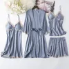 Women's Sleepwear Lace Satin Robe Gown Sets Womens Sleep Suit Spring Nighty Bathrobe Kimono Home Wear With Chest Pads Nightgown