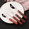 Geschirr-Sets, 8-teilig, Naturholz, quadratischer Griff, Geschirr, Edelstahl, Besteck, scharfes Messer, Gabel, Löffel, Teelöffel, Besteck, Küchenset