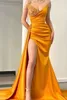 Prom 2023 Orange Dresses Mermaid Beaded Sequins Side Slit Sweep Train Crystals Custom Made Ruched Evening Party Gowns Vestidos Formal Ocn Wear