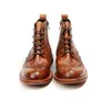 Style Carved British Cargo Brogue Boots Lace Up Full Grain Leather Vintage Handmade Mens Western Booties Shoes