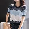 여자 T 셔츠 2023 중공 스트라이프 니트 여름 짧은 소매 Tshirt 여자 의류 티 셔츠 Camisetas de Mujer Top Thin Women