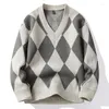 Men's Sweaters 2022 Men's Winter Diamond Lattice Handsome Casual V-neck Thickening Sweater