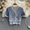 Women's Polos Fashion Vintage Female Embroidery Crochet Loose Single Breasted V-neck Top 2022 Summer Casual Women Polo Shirt Short Sleeve