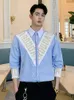 Camisas casuais masculinas listradas de retalhos de retalhos de retalhos decoração de três quartos masculinos 2022 Tops da moda coreana 2A1298