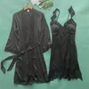 Vêtements de nuit pour femmes Sexy broderie dentelle garniture Robe fronde chemise de nuit 2 pièces décontracté mariée mariage Homewear vêtements de nuit Kimono Robe de bain