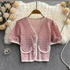 Women's Polos Fashion Vintage Female Embroidery Crochet Loose Single Breasted V-neck Top 2022 Summer Casual Women Polo Shirt Short Sleeve