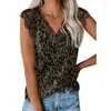 Blusas femininas decote em vil sem mangas Blusa feminina costura de renda de renda com estampa de estampa de leopardo