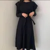 Casual Dresses Women 2023 Autumn Winter Long-Sleeved Knit Kvinna O-hals veckad kl￤nning Damer Solid Color Sweater Vestidos i154