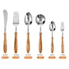 Dinnerware Sets Wood Handle Set Stainless Steel Tableware Knife Fork Spoon Flatware Dishwasher Safe Cutlery High Quality