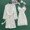 Women's Sleepwear Sexy Embroidery Lace Trim Robe Sling Nightdress 2Pcs Casual Bride Wedding Homewear Nightwear Kimono Bath Gown