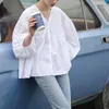 Blouses pour femmes peut-être U femmes Beige blanc col en v manches lanterne longue ample solide plissé Blouse chemise printemps été B0498