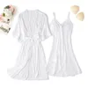 Kadınların Sweetwear Seksi 2pcs Nighty Bandrobe Uyku Takım Kadın Saten Dantel Çiçek Kimono Robe Elbise Setleri Bahar Göğüs Padleri Gecikür