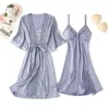 Kadınların Sweetwear Seksi 2pcs Nighty Bandrobe Uyku Takım Kadın Saten Dantel Çiçek Kimono Robe Elbise Setleri Bahar Göğüs Padleri Gecikür