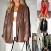Women's Leather PU Blazer Jacket Women Long Sleeve Turn Down Collar Casual Autumn Winter Office Lady Streetwear Brown Green