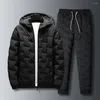 Gym Clothing Male Hoodie Sweatsuit Warm Men Sportswear Set Loose Coldproof Stylish Lattice Filling Waistcoat Coat Trousers