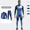 Vêtements de sport Combinaison de fitness à séchage rapide pour hommes T-shirt à manches longues à entraînement serré à haute extensibilité Pantalon de survêtement Ensemble de deux pièces Bleu