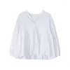 Blouses pour femmes peut-être U femmes Beige blanc col en v manches lanterne longue ample solide plissé Blouse chemise printemps été B0498