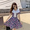 Feestjurken Heydress 2022 Zomer Women bloemenprint Turn Down Collar A-Line jurk vrouwelijke bown korte mouw paarse feeënvakantie zoet