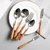 Dinnerware Sets Wood Handle Set Stainless Steel Tableware Knife Fork Spoon Flatware Dishwasher Safe Cutlery High Quality