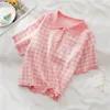 Frauen Polos Weibliche Sommer Kleidung Lose Kragen Hohe Taille T-stück Koreanische Polo Neck T-shirts Frauen Kurzarm Plaid Crop tops Gestrickte