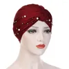 Ropa étnica Mujeres Hijab con cuentas Twist Turban Cap Bufanda musulmana Turbante Mujer India Head Wrap Stretch Beanie Bonnet Chemo Turbans