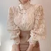 Women's Blouses Elegant Women's Blouse Vintage Lace Spliced Long Sleeve Pink Button Up Woman Shirt Tops 2022 Fashion Casual Ladies Top