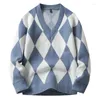 Suéteres Masculinos 2022 Inverno Masculino Diamond Lattice Bonito Casual Suéter com Decote em V Espessante