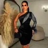 Sıradan elbiseler kadınlar seksi elbise kadife rhinestones örgü patchwork bir omuz uzun kollu bodycon midi parti kulübü