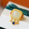 Cluster Rings Natural Hetian Jade Ring S925 Sterling Silver Open Craft Square Tassel Women's Retro Simple Gift Fashion