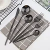 مجموعات أدوات المائدة مجموعة أدوات المائدة مجموعة من الفولاذ المقاوم للصدأ المرآة السوداء شريحة لحم كينايف حلوى شوكة ملعقة فضية