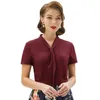 Kvinnors blusar BP Kvinnors retro vintage blus kort ￤rm rullstil krage -knappen Packet Croped Tops Summer Office Lady Shirts A50