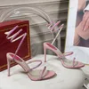 Gorące sandały na szpilce Rene Caovilla dla kobiet buty Cleo kryształowe wysadzane wężem Strass buty luksusowi projektanci kostki Wraparound moda 9.5cm sandały na wysokim obcasie 43