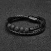 Bangle Male Fashion Woven PU Leather Bracelets Natural Stone Stainless Steel Charm Jewelry Accessories