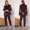 Desinger Leather Women Blazer Suits vネックイブニングパーティーレディースウェディング2ピースジャケットとズボン