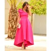 Vestidos de baile de baile de salón de un hombro bajo simple con bolsillos Aline Pink Satin Front Back Fiesta de la fiesta larga Graduación DRE4493546