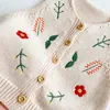 INS baby kids clothing sweater Vest O-neck Knit Beige Flower Embroidery Cardigan sweater 100% Cotton