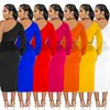 Jedno ramię Midi Dress Women Casual Long Rleeve Hem Asymetrycal Bodycon Vestidos Zimowe ubrania z paskiem Białe czarne