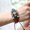 leather Beaded Eyes Charm Bracelet for Women Vintage Handmade Multilayer Weave Snap Button Bracelet