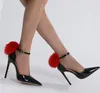Ladies bombeia sapatos pretos para mulheres saltos altos Patente de couro pontudo pontão vermelho pompon steletto saltos de festa vestidos de festa 11 cm