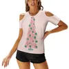 T-Shirts für Damen, Flamingo-Weihnachtsbaum, Damen-T-Shirt, Sommer, modischer Druck, Blumenmuster, V-Ausschnitt, Reißverschluss, T-Shirt, hohler Pullover, Damen-Top