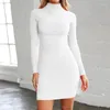 Casual Dresses High Neck Dress Women Autumn Mature Sexy Long Sleeve Fit Tight Pleated Solid Female Party Plus Size HBD813
