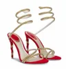 فرقة Rene Rene Cleo Sandals أحذية النساء الكعوب المرصعة بالبلورة باطن باطن بلورات Caovilla بلورات الكاحل الحلزونية Lady Gladiator Sandalias EU35-43 مع صندوق