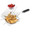 Dinnerware Sets Stainless Steel Grilling Basket Folding Non-stick BBQ Tool Vegetable With Wooden Handle Roast Chicken Grill 1pc