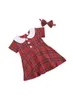 Girl Dresses Toddler Baby Girls Plaid Print Clothes Set Short Sleeve Lapel Neck Front Button Dress Bow-knot Headband For Summer 0-2T