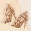 Gouden hakken 11 cm dames stiletto sandalen riem kruis holle high hakken zomer dames schoenen terug zipper sandales vrouwen