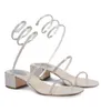 Top Design ReneschaoVillas Cleo Crystal Sandals Sapatos Nappa cetim bloco de altura média Spiral envolve sandalias para festa de casamento