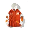 Jaquetas masculinas soltas com capuz Varsity masculino mulher outono inverno padrão bordado manga de couro PU oversized Uniforme de beisebol M-5XL 2022