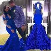 Вечеринка изысканные королевские голубые голубые замочные скважины высокие длинные рукавов Русалка с 3D -цветами Формальные вечерние платья Африканец